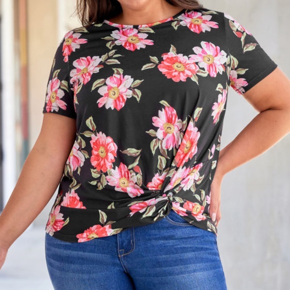 Tops - New in bag floral tee with front know detail. Black with pink and fuschia floral